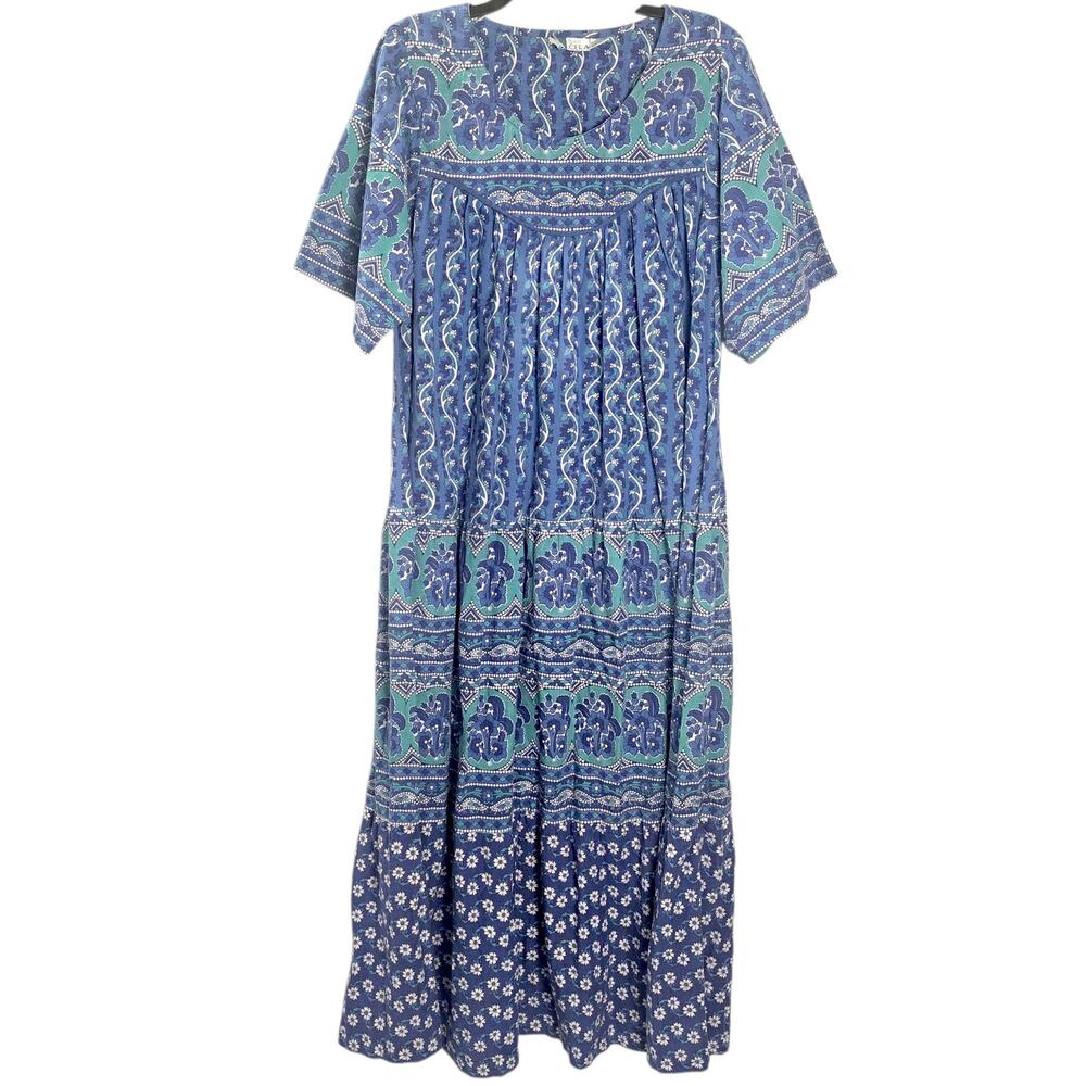 Vintage La Cera Womens XL Nightgown Blue Floral Patchwork Cottage Grandma Boho